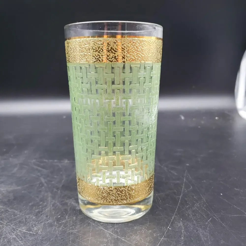 Set of 4 Vintage Gold Green Geometric Highball Tumblers Mid Century Glasses